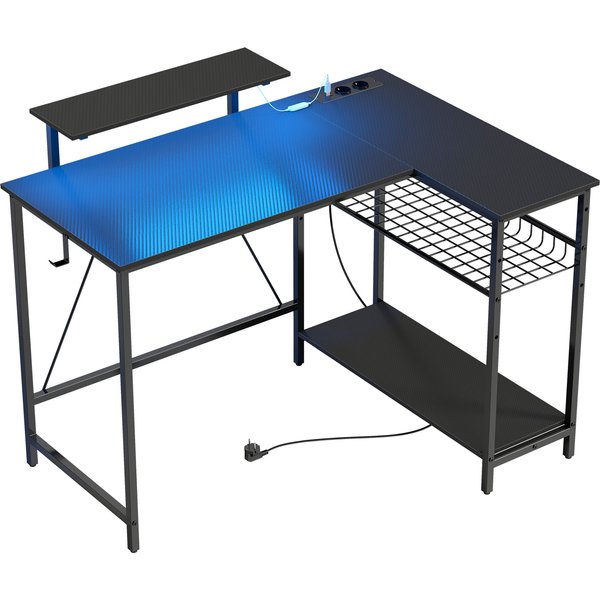 HOMCOM Reversibler L-Gaming-Schreibtisch mit LED, 114.5x82cm Eck-Schreibtisch mit Steckdosen, Monitorhalterung und verstellbaren Netzregalen, Gaming-Station für Zuhause Büro Studio, Schwarz Aosom