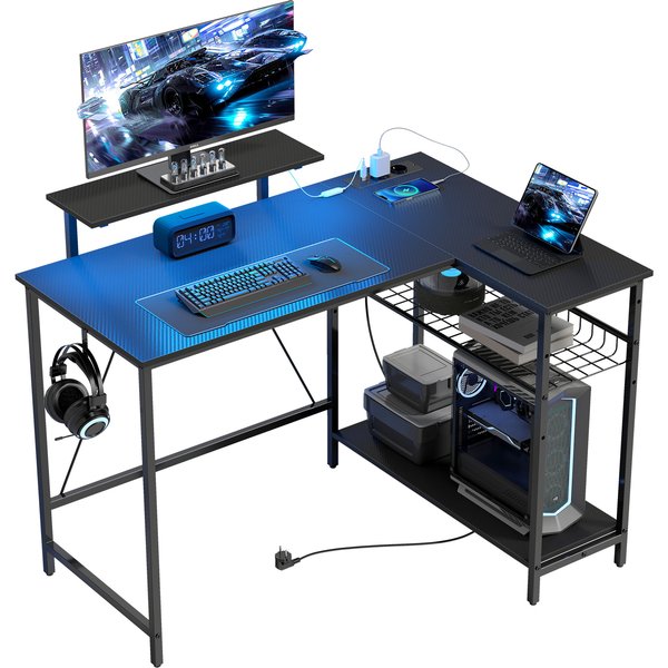 Homcom Bureau Gaming D'angle Avec Led, Prises ÉLectriques, Support ÉCran Et ÉTagèRe, Noir-image