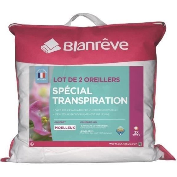Blanreve Lot De 2 Oreillers SpéCial Transpiration - 60 X 60 Cm - Blanc-image