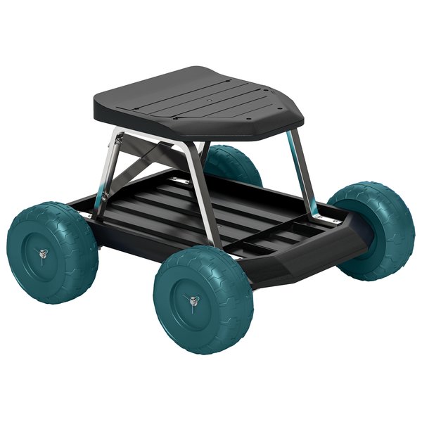 Outsunny rollbarer Gartensitz, Gartenhocker mit Werkzeugablage, Gartenwagen mit Sitz zum Jäten und Pflanzen, 50 x 49 x 32 cm, Dunkelgrün Aosom