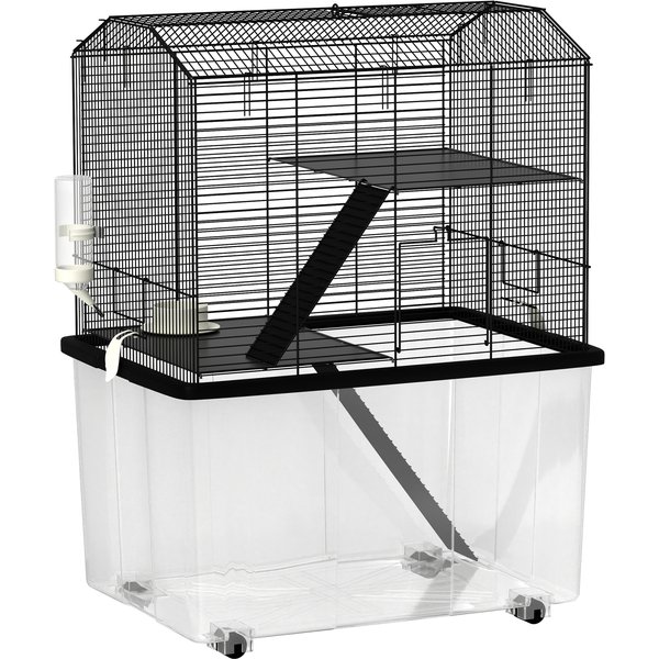 PawHut Hamster Cage 3-Level Small Pet Cage with Wheels, Platforms and Ladders, Steel Wire 57 x 43 x 74 cm Black | Aosom Ireland