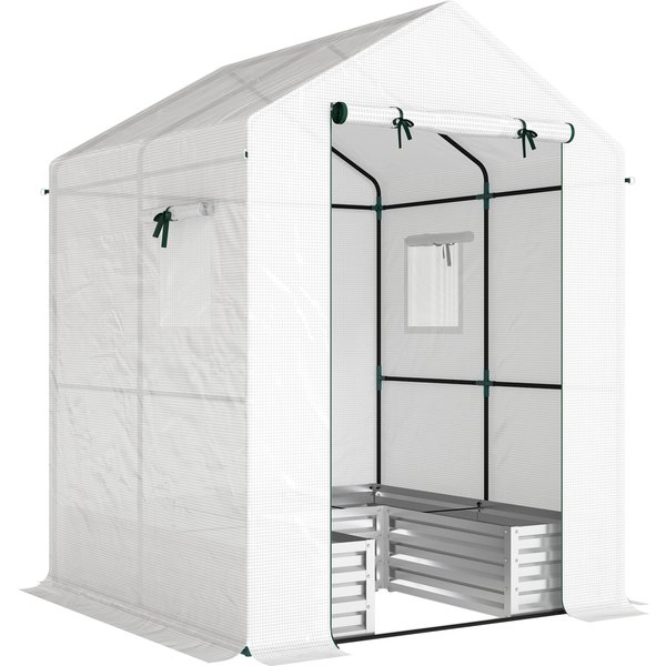 Outsunny Mini Greenhouse with Raised Garden Bed, Galvanised Walk-in Greenhouse with Roll Up Windows, 56" x 56" x 75", White | Aosom Ireland