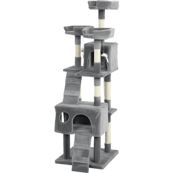 Pawhut Arbre à Griffer Pour Chats Arbre Pour Chats 153 Cm Avec 2 Cabanes 3 Couchages 2 Rampes Poteaux En Sisal Souris Suspendues Gris-image