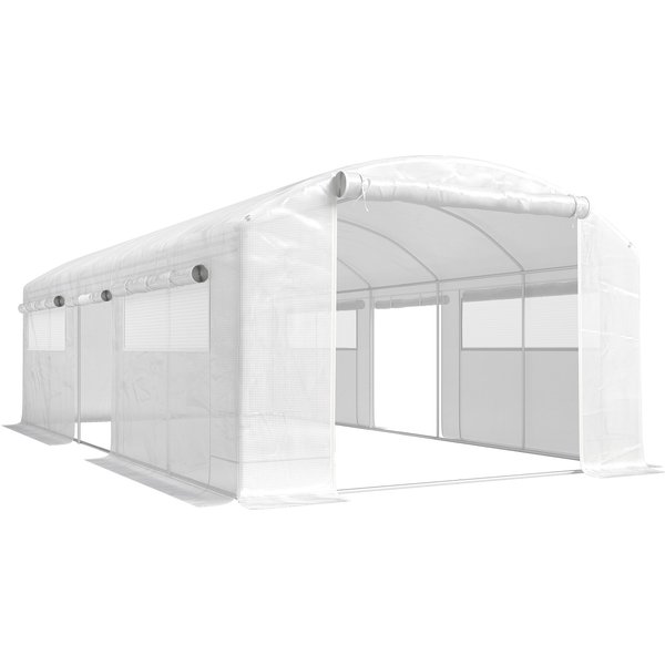 Outsunny Gewächshaus für den Außenbereich 6x3x2 m, Tunnelgewächshaus mit 3 aufrollbaren Türen, 6 Netzfenstern, PE-Abdeckung 140 g/m² UV-beständig und verzinkter Stahlrahmen, für Pflanzen, Weiß Aosom