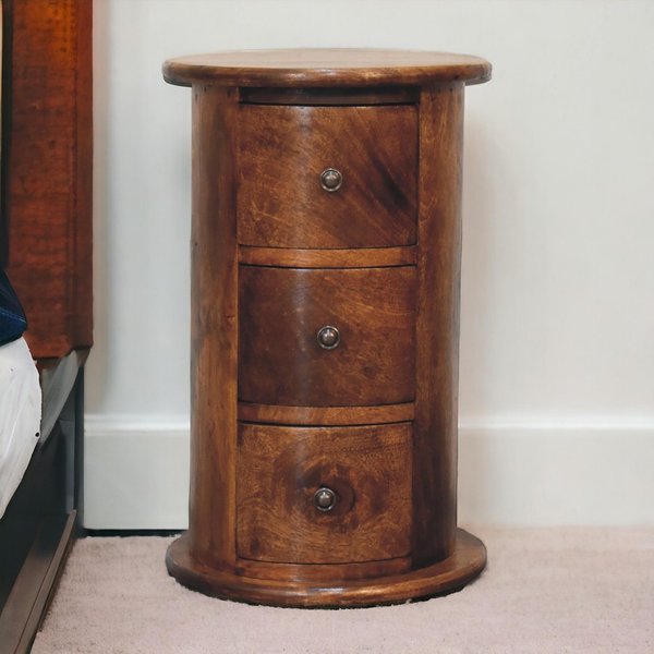 Solid Wood Mini Drum Chest with 3 Smooth-Gliding Drawers, Handcrafted Bedside Table with Stain-Based Finish, 32L x 32W x 50H cm, Brown Aosom UK