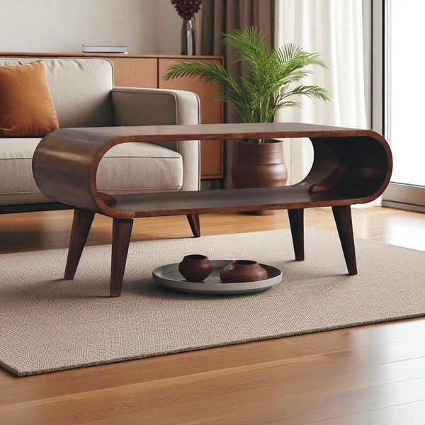 Amaya Nordic Solid Mango Wood Coffee Table with Open Slot Storage, Handcrafted Tea Table with Stain Finish, 35L x 90W x 40H cm, Brown Aosom UK