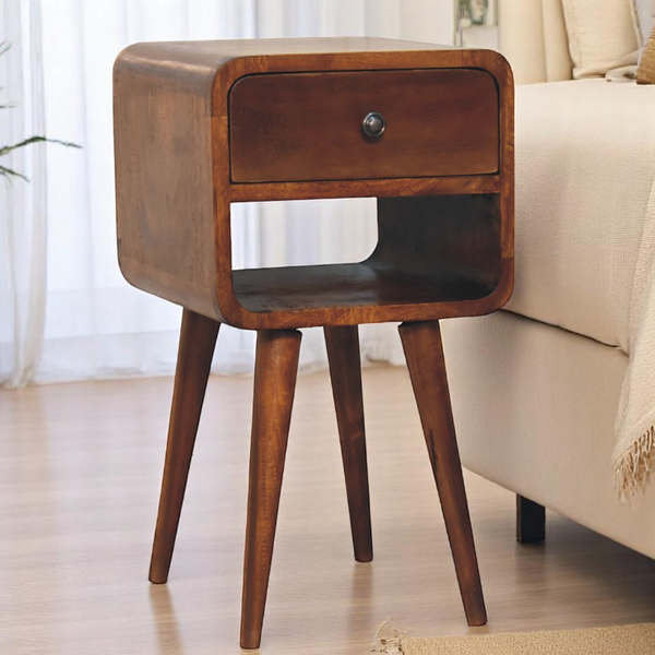 100 % Solid Wood Mini Bedside Table with Drawer and Curved Open Shelf, Handcrafted Desk for Compact Storage, 30L x 30W x 55H cm, Brown Aosom UK