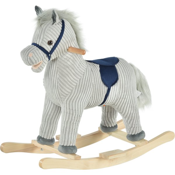 HOMCOM Kinder Schaukelpferd Baby Schaukeltier Pferd mit Tiergeräusche Spielzeug Haltegriffe für 36-72 Monate Plüsch Grau 73 x 35 x 64 cm Aosom