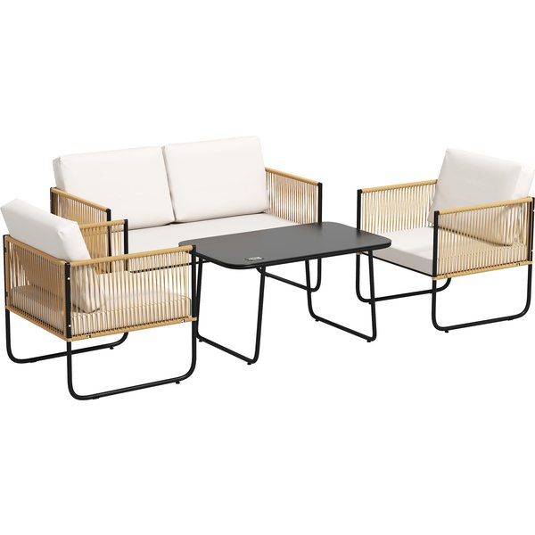 Outsunny Salon De Jardin 4 PièCes Avec Canapé 2 Places, 2 Fauteuils, 1 Table Basse En Verre Et Coussins – CrèMe Blanc-image