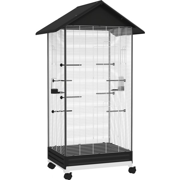 Pawhut Cage Oiseau Sur Pied VolièRe Oiseaux IntéRieure Sur Roulettes 2 Mangeoires 8 Perchoirs 79 X 65 X 155 Cm Fil D'acier Noir-image