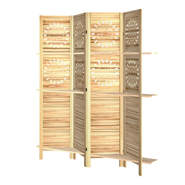 HOMCOM Paravent Innen 4 Paneele und 3 Ablagen, 160 x 170 cm, faltbarer Raumteiler aus Paulownia-Holz, Trennwand für Wohnzimmer, Schlafzimmer, Zuhause, Naturholz Aosom