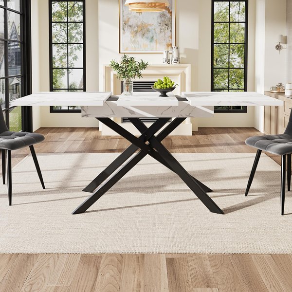 6–8 Seats Extendable Dining Table with Modern Crossed Iron Legs, Kitchen Table with Marbled MDF Top, 120-160L x 80W x 76.5H cm, White Aosom UK