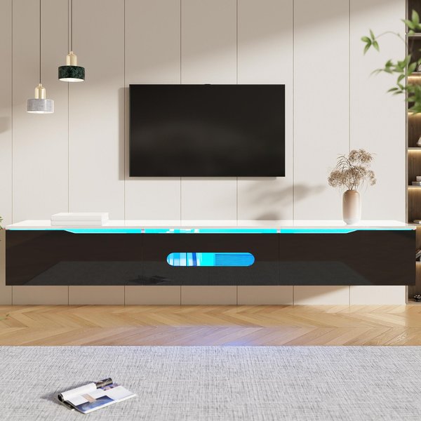 Modern TV Cabinet with 3-Door Storage and Soft-close Hinges, Stand with APP-controlled LED Lighting, 180L x 35W x 30H cm, Black+White Aosom UK