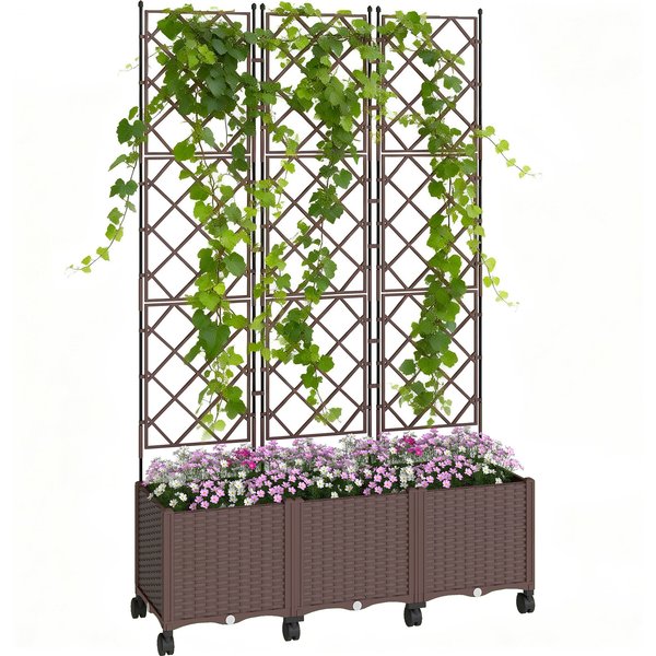 Outsunny Planter with Trellis, Rolling Flower Box with Self-Watering System, 120x40x192cm, Brown | Aosom Ireland