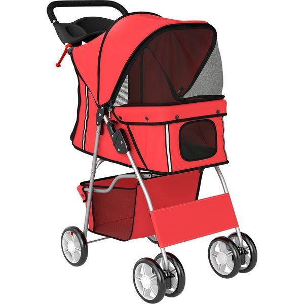 PawHut Dog Pram, Pet Stroller with Reflective Strips, Foldable Cat Stroller with 360° Swivel Wheels, Red | Aosom Ireland