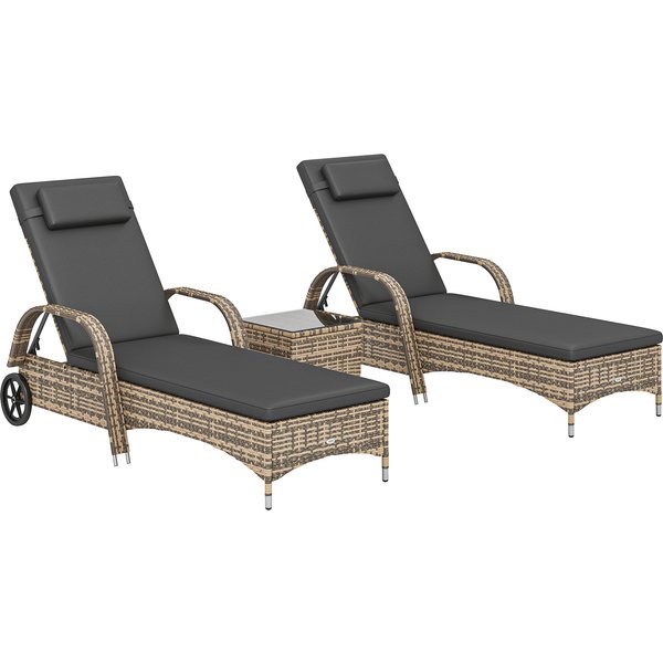 Outsunny Set of 2 sun loungers: mattress, headrest, adjustable recline, wheels + tempered glass coffee table dark gray | Aosom Ireland