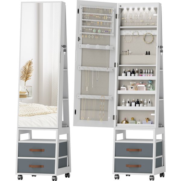HOMCOM Schmuckschrank mit LED-Innenbeleuchtung, Rollen, Ganzkörperspiegel, 360° drehbar, offene Ablagen, Stoffschubladen, Weiß Aosom