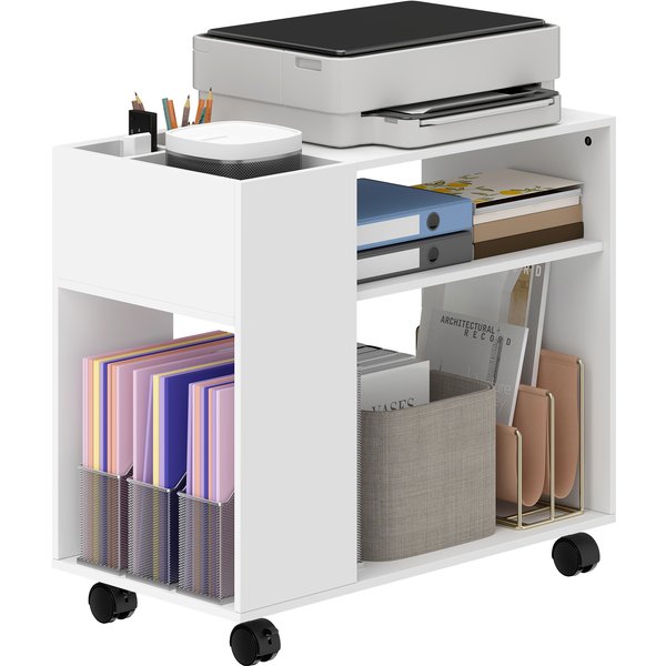 Homcom Meuble Pour Imprimante à Roulettes Compartiments SupéRieurs ÉTagèRes Ouvertes 70X36X60 Cm Blanc-image