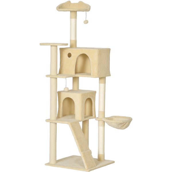 PawHut 180cm Large Cat Tree Tower with Sisal Scratching Posts, Condos, Plush Perches, Hammock, Ladder, Beige