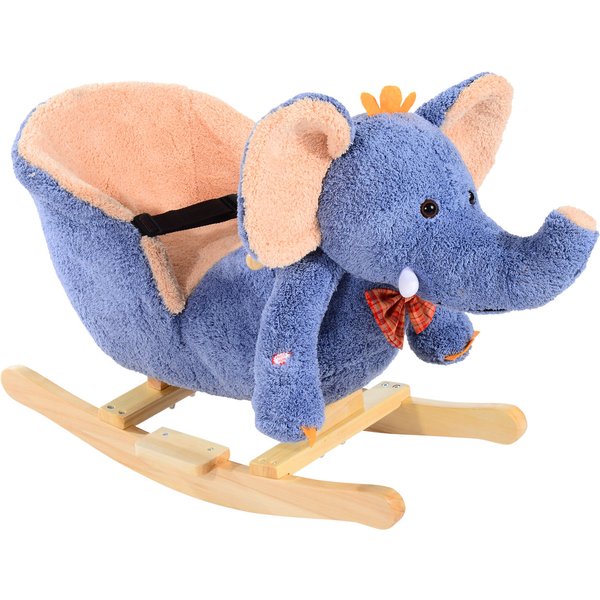 Homcom Cheval EléPhant Animal à Bascule Musical Ceinture De SéCurité En Bois Et Court Peluche Bleu-image