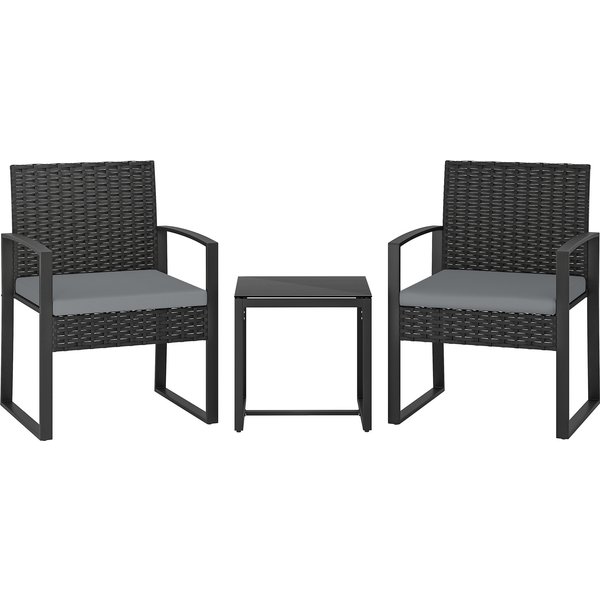 Outsunny Rattan Bistro Set, 3 Piece Garden Furniture Set with Glass Top Table and Cushions, Light Grey | Aosom Ireland