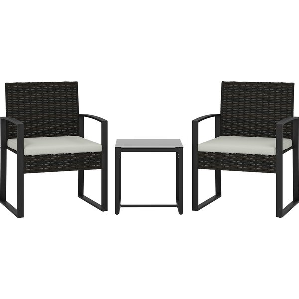 Outsunny Rattan Bistro Set, 3-piece Garden Furniture Set with 2 Garden Chairs, Coffee Table, Removable Cushions Cream White | Aosom Ireland