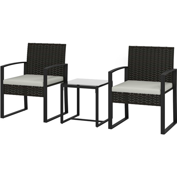 Outsunny Ensemble Bistro En Rotin, Ensemble Jardin 3 PièCes Avec 2 Chaises, Table Basse, Coussins Amovibles CrèMe Blanche-image