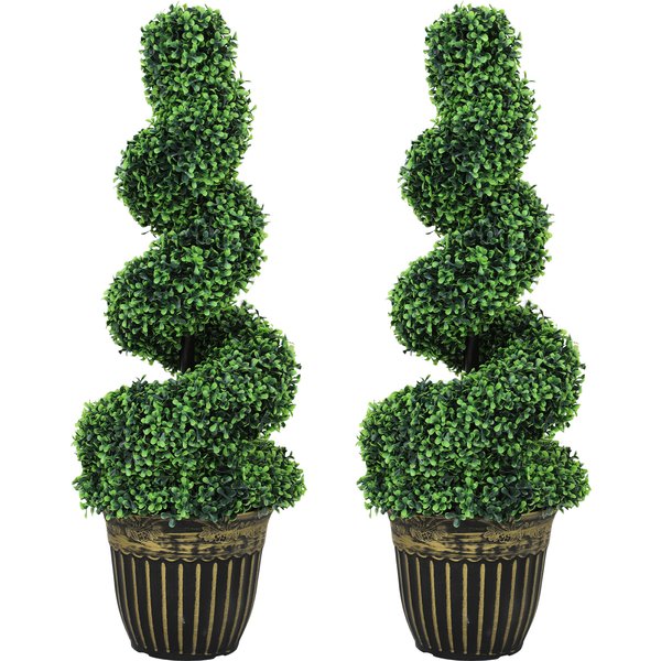 HOMCOM Set of 2 Artificial Plants, Topiary Spiral Boxwood Trees with Pot, for Home Indoor Outdoor Decor, 90cm | Aosom Ireland