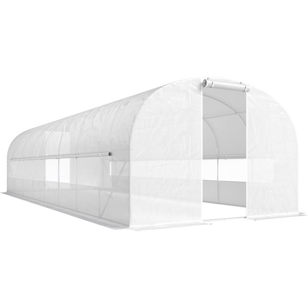 Outsunny Tunnel-Gewächshaus 24m², Tunnel-Gewächshaus 295x798x198cm mit verzinktem Stahlrahmen, Türen und 2 großen Fenstern, PE-Abdeckung hochdicht 140 g/m² mit 20 cm Überstand, weiß Aosom
