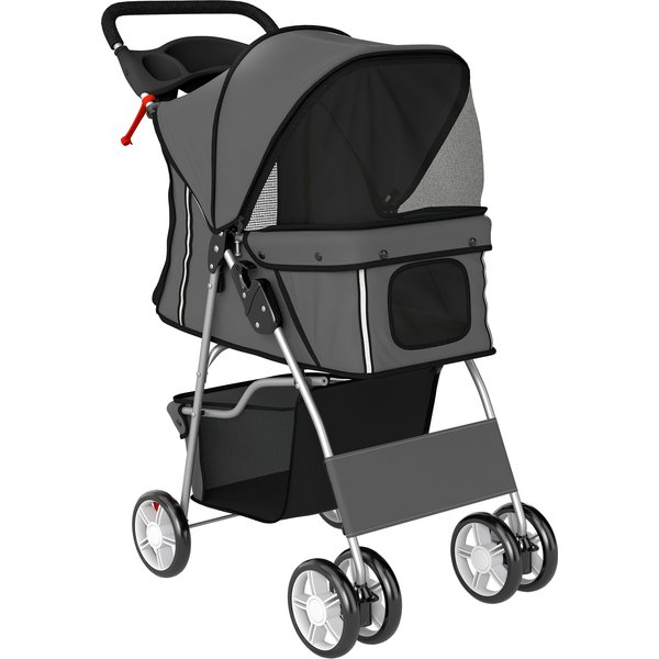PawHut Foldable Pet Stroller Dog Buggy with Reflective Strip, Storage Basket, Cushion for Small Dogs up to 10 kg 77x44x102 cm Dark Grey | Aosom Ireland