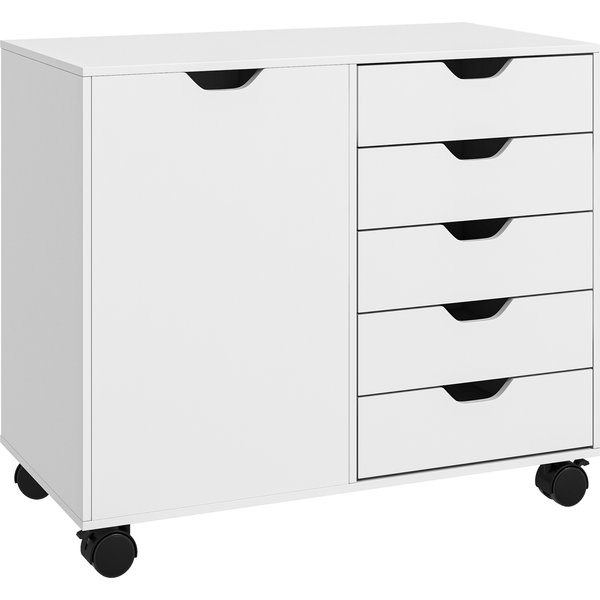 Homcom Meuble De Rangement Pour Bureau 5 Tiroirs 1 Porte éTagèRe RéGlable, Support Imprimante Roulettes, 78X40X66,5 Cm, Blanc-image