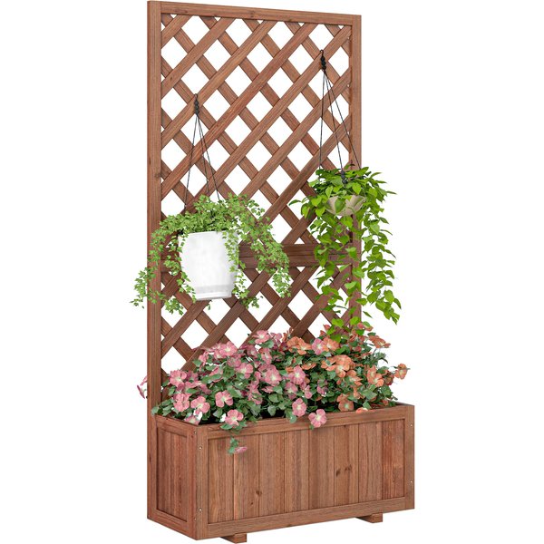 Outsunny Garden Wooden Pine Trough Planter with Topped Trellis Climbing Plants Flower Raised Bed Aosom UK