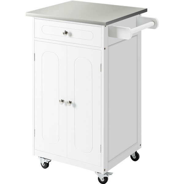 Homcom Chariot De Service Desserte De Cuisine à Roulettes Multi-Rangements 1 Tiroir Placard 2 Portes Avec éTagèRe Porte-Torchons Mdf Blanc Acier Inoxydable-image