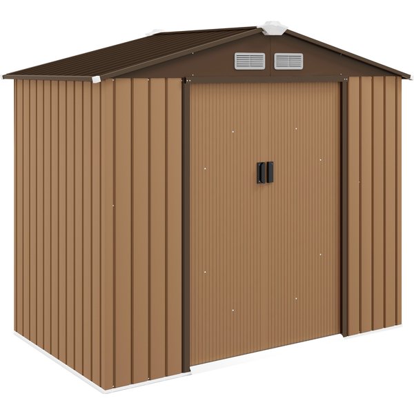 Outsunny 7 x 4 ft Lockable Garden Storage Shed, Large Patio Roofed Tool Metal Storage Building Foundation Shed for Equipment & Tools, Light Brown Aosom UK