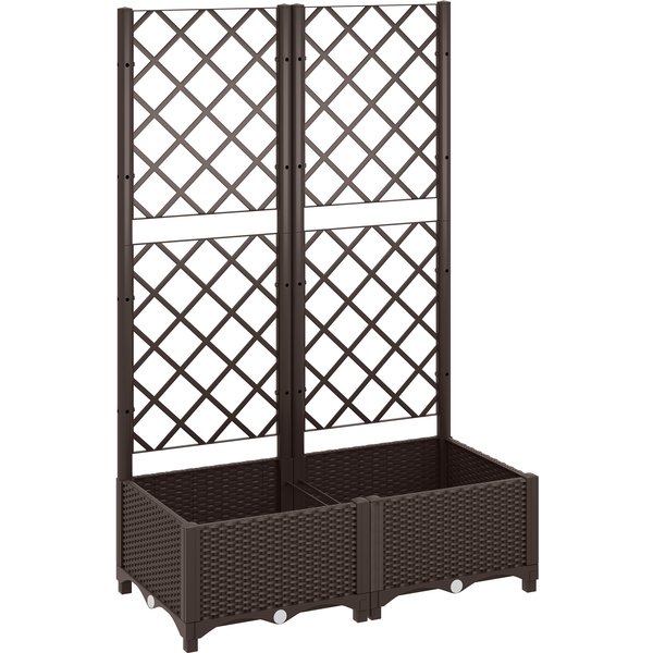 Outsunny Raised Garden Bed with Trellis, Plastic Planter Box with Drainage Holes and Drain Plugs for Climbing Plants, Vegetables, Flowers, Brown