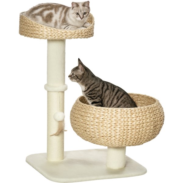 Pawhut Arbre à Chat Griffoir 2 Niveaux Hauteur 72 Cm Poteau Sisal Avec Niche Et Plateforme 1 Balle Suspendue-image