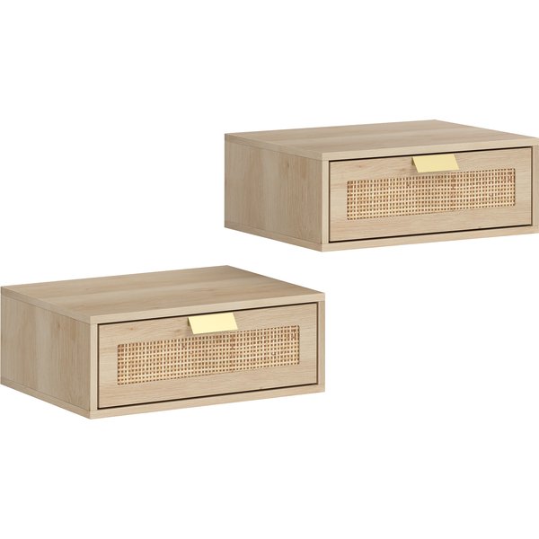 HOMCOM Floating Bedside Tables Set of 2, Wall Mounted Bedside Cabinets with Rattan Drawer and Wood Effect, Oak | Aosom Ireland