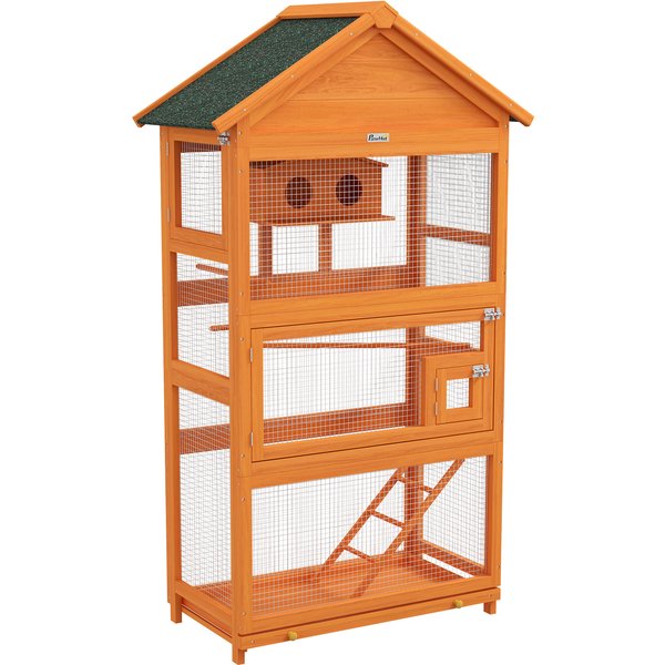 Pawhut Cage à Oiseaux En Bois Cage Perroquet Aire De Jeux Toit Asphalte ImperméAble 92 X 52 X 171 Cm Orange-image