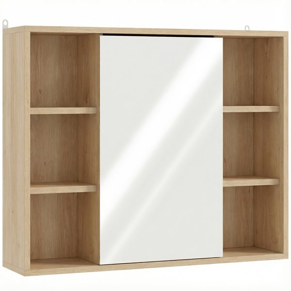 HOMCOM Wandschrank, Badezimmermöbel mit Spiegel, Badezimmerspiegel mit Aufbewahrung, Schrank mit Tür und 6 offenen Fächern, 60 x 14,5 x 49,4 cm, Naturholz Aosom