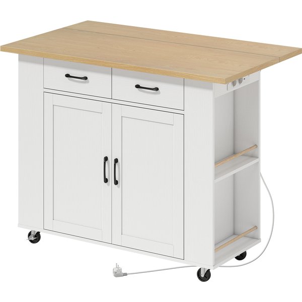 HOMCOM Kücheninsel mit Ladestation, rollbarer Küchenwagen mit klappbarer Arbeitsfläche, Gewürzregale, 2 Schubladen und verstellbares Regal, für Küche und Esszimmer, Weiß Aosom