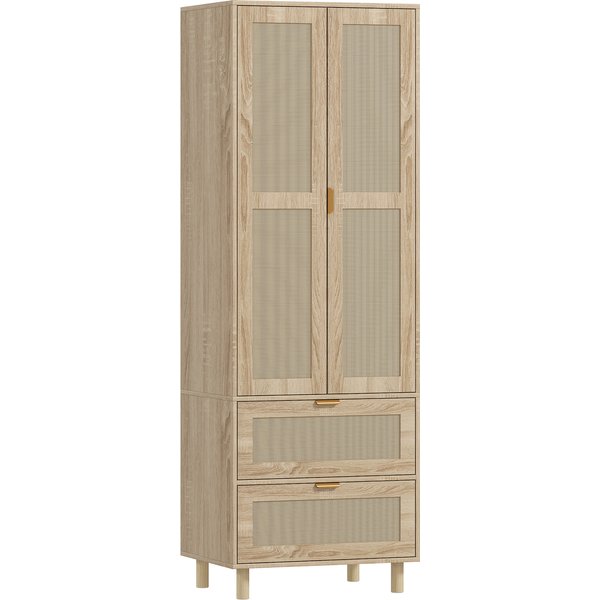 HOMCOM Schlafzimmer-Kleiderschrank mit 2 Rattan-Türen, 2 Schubladen und Kleiderstange, Kleiderschrank, Ankleide, Bohème-Stil, für Schlafzimmer, 63 x 47 x 185 cm, Naturholz Aosom