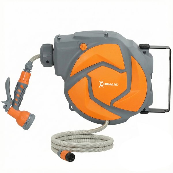 DURHAND Schlauchaufroller für Garten 10+1 m mit 7-Funktionen-Düse, Wand-Schlauchrolle, 180° drehbar, mit automatischem Rücklauf, Dunkelgrau und Orange Aosom