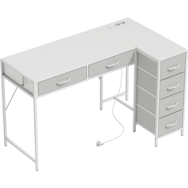 HOMCOM L-Eckschreibtisch, reversibel, mit 6 Stoffschubladen, 126x48 cm, mit Stromanschluss, USB- & USB-C-Ladeanschluss, L-Schreibtisch für Homeoffice, Studio, Weiß Aosom