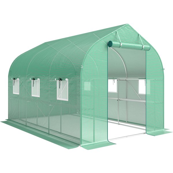Outsunny Tunnel-Gewächshaus 6 m², Gewächshaus mit Regalen, 198 x 293 x 194 cm, verzinkter Stahlrahmen, Tür und 6 Fenster, für Außenbereich, ganzjährig, PE-Abdeckung 140 g/m², grün Aosom