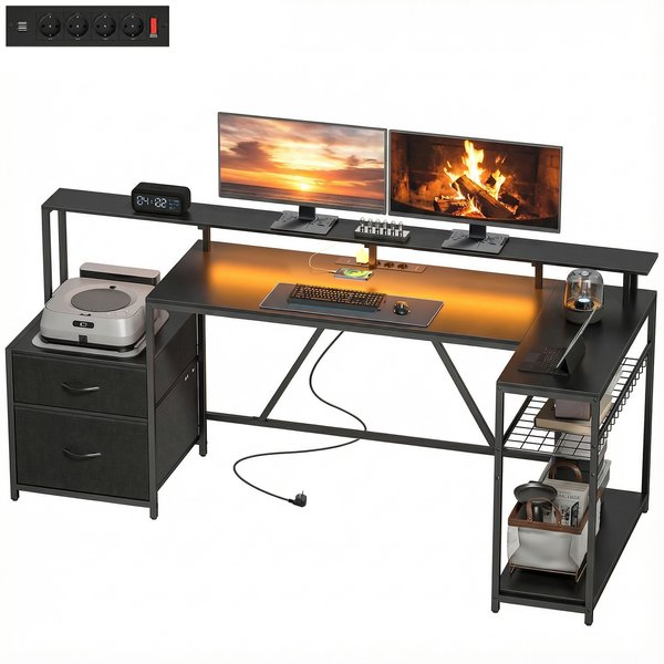 Homcom Bureau Gaming D'angle Avec Hub De Recharge, LumièRes Led Et Support ÉCran, En Bois Et Acier, 192.5X80X86.5 Cm, Noir-image