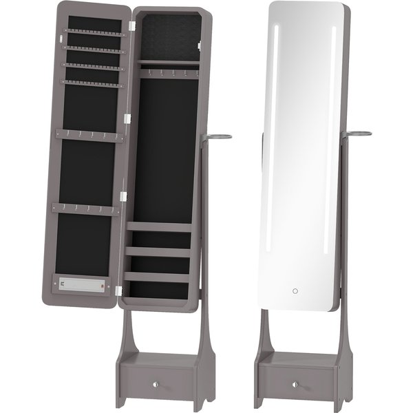 HOMCOM Schmuckschrank mit LED-Beleuchtung, Schmuckschrank mit Ganzkörperspiegel, winkelverstellbar, Schublade, Touch-Schalter, automatische Lichtabschaltung, Haartrockner-Halterung, Grau Aosom