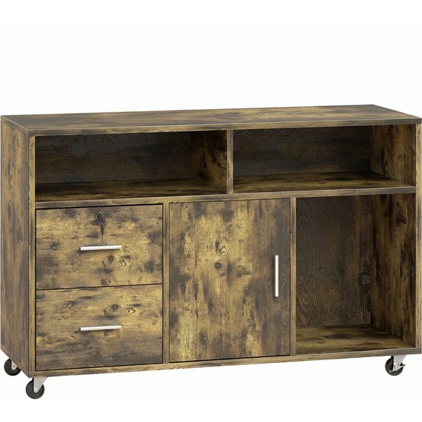 HOMCOM Druckerunterschrank auf Rollen mit 2 abschließbaren Schubladen, 3 Ablagen und Schrankfach, Druckerschrank für Büro & Home Office, 100x35x65 cm, Rustikabraun Aosom
