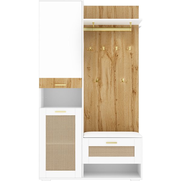 Ensemble D'entréE Avec Miroir Et Banquette, éClairage Led, Porte-Manteaux Mural Et 6 Crocets à VêTements DoréS, 110X38X190 Cm, Blanc+Couleur Naturelle-image
