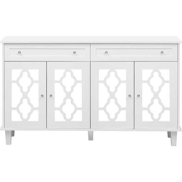 Sideboard mit vier Spiegeltüren, Schubladenschrank mit Schubladen und Kristallgriffen, 140x40x83 cm, Weiß