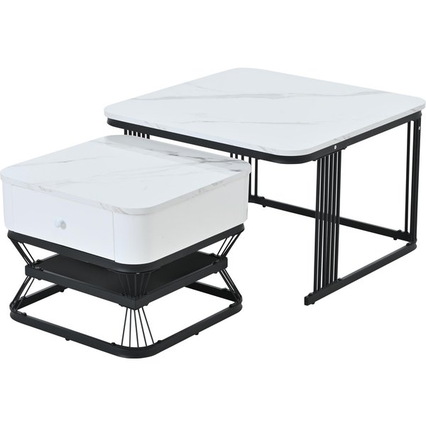 Ensemble De 2 Tables Basses, Ensemble De Table Basse Pour Salon Avec 1 Tiroir, 70X70X45 Cm/50X50X40 Cm, Blanc+Noir-image